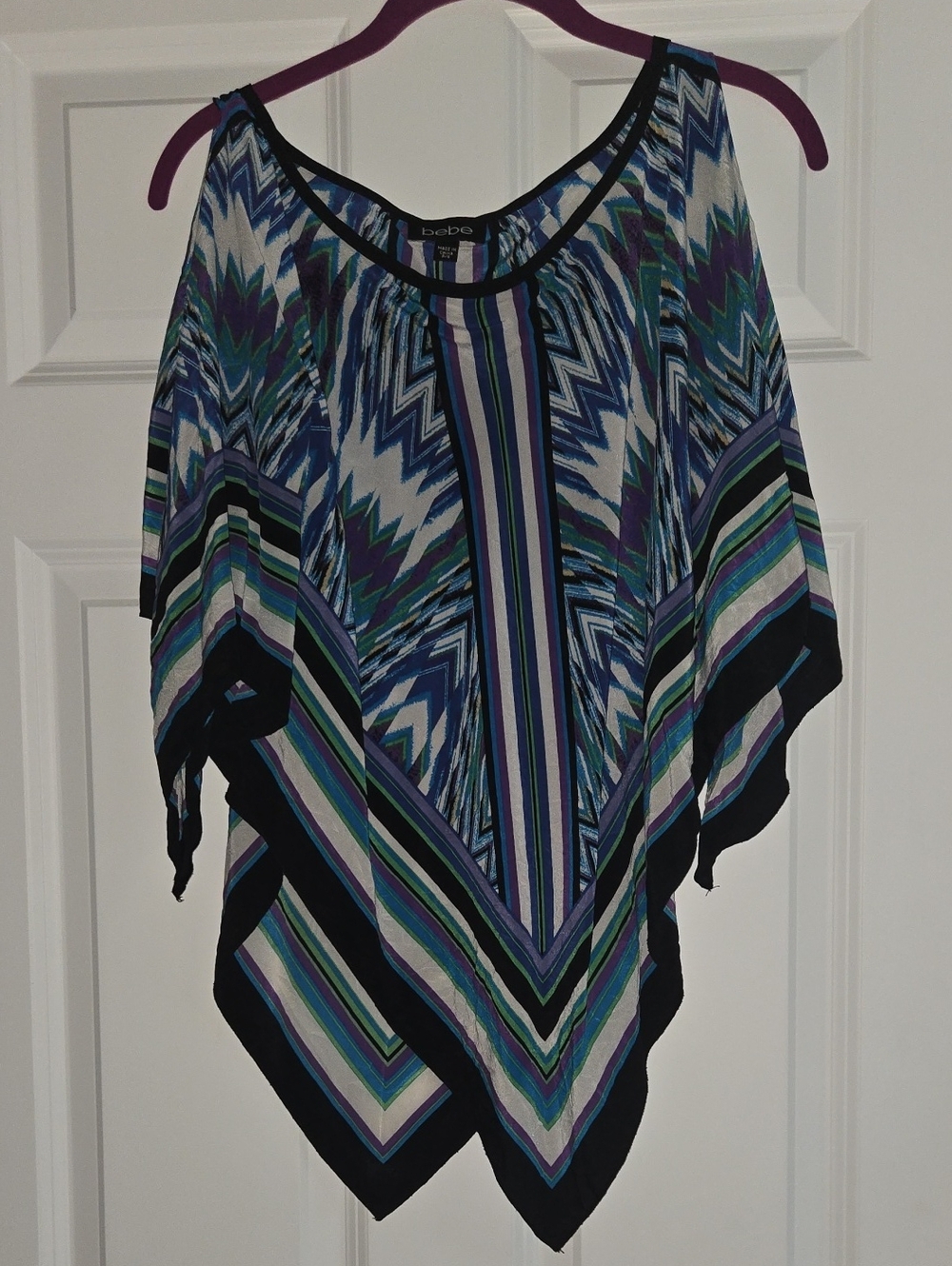 bebe Blue Teal Black Striped Geometric Poncho Top